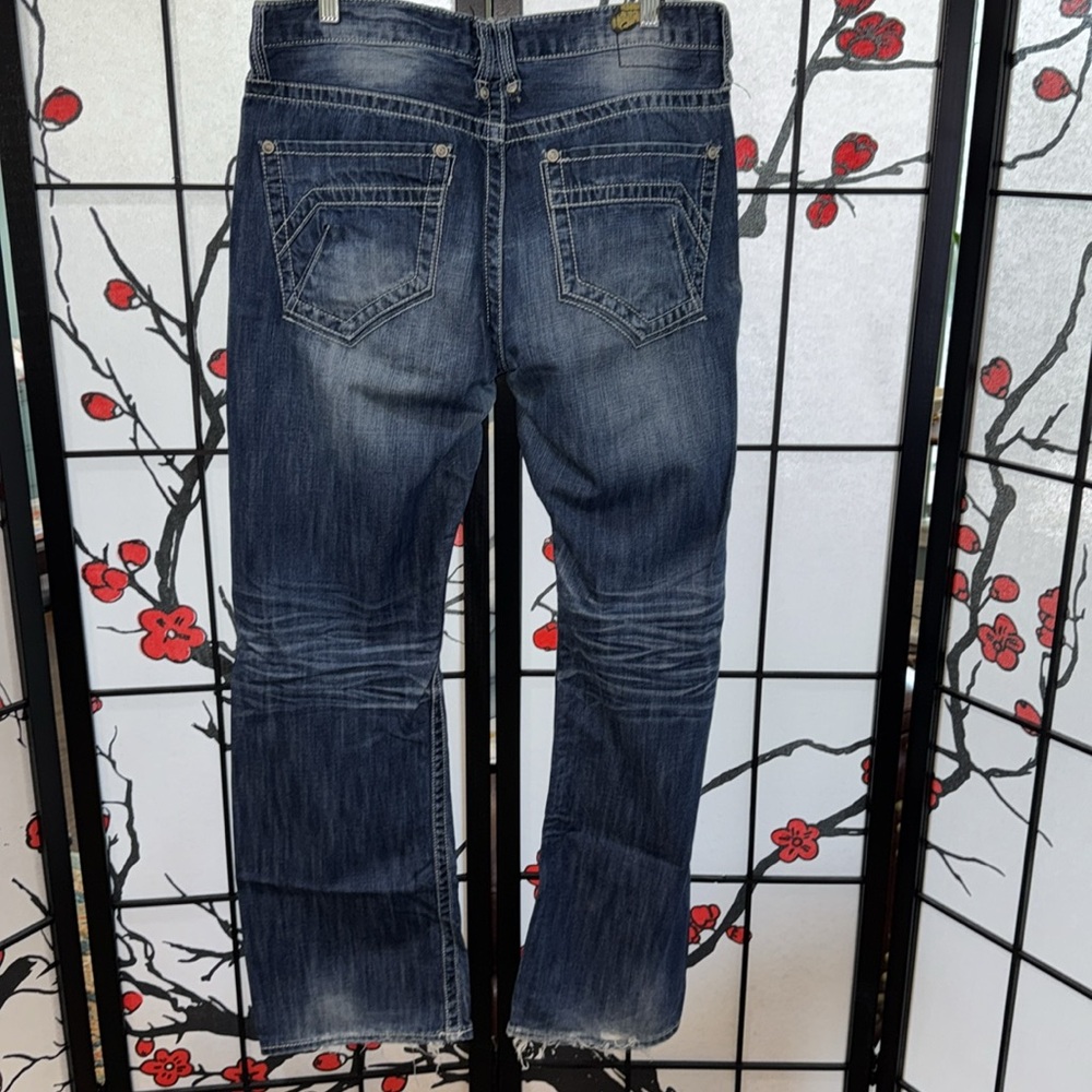 Buckle Salvage Supply 33x32  Mens Distressed Flare Leg Denim Jeans - Picture 10 of 14